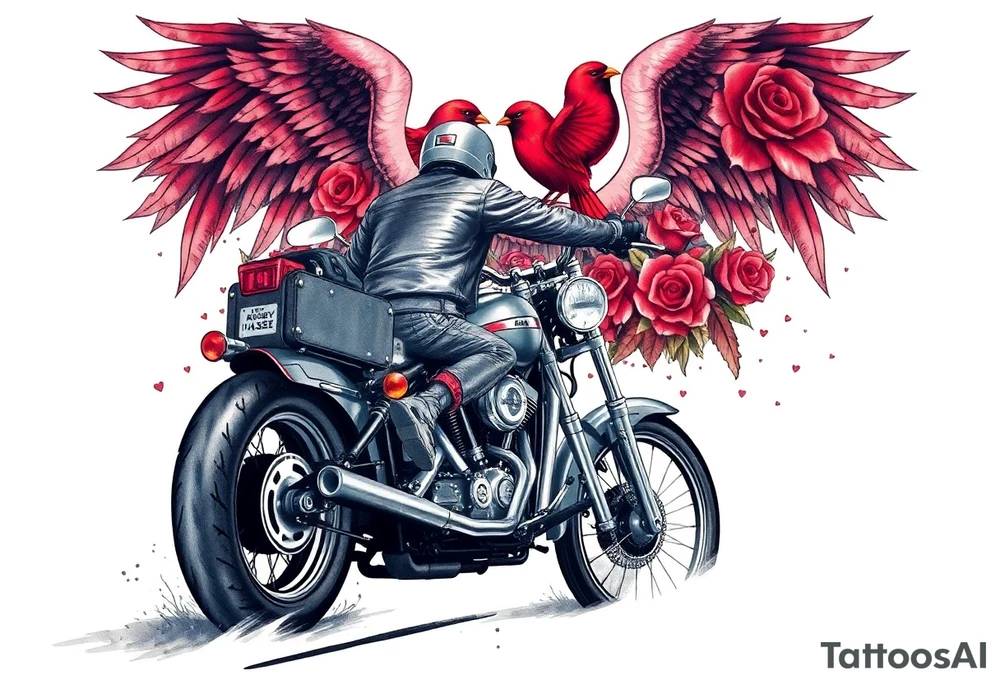 Harley grey motorcycle driving away, two red birds flying, roses, flames, angel wings tattoo idea