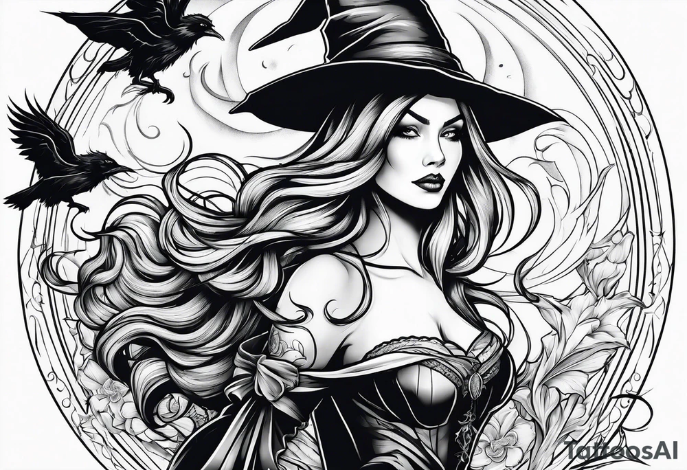 Witch flying on broom tattoo idea