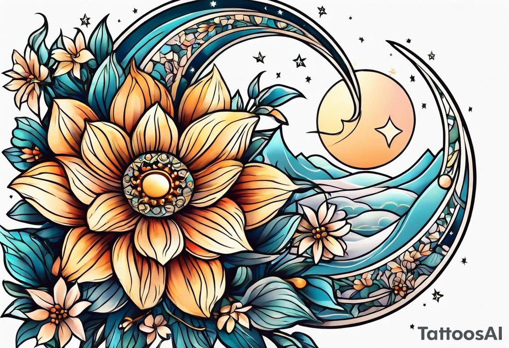Moon stars flowers tattoo idea