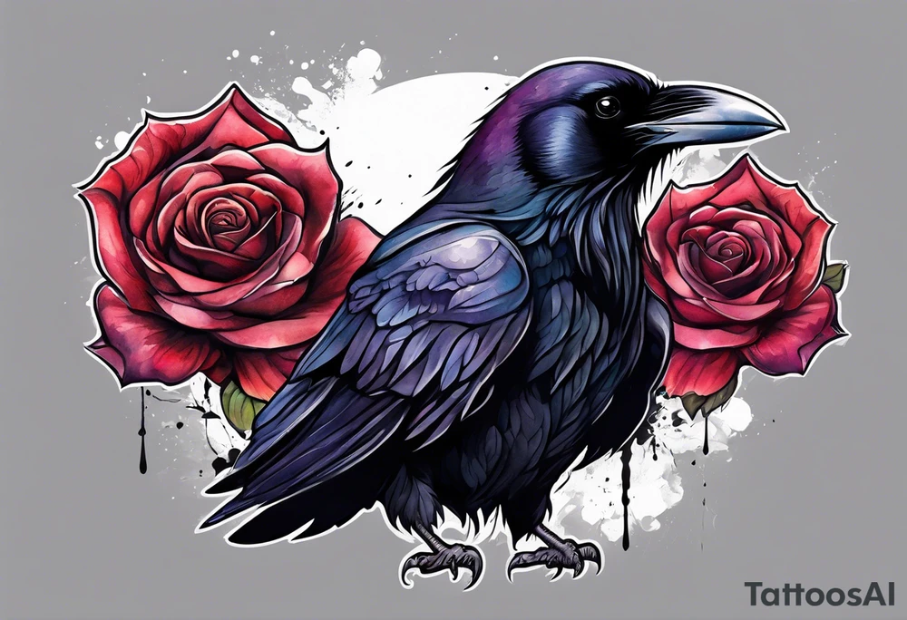 Raven facing forward with a rose underneath it tattoo idea