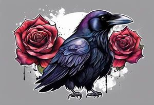 Raven facing forward with a rose underneath it tattoo idea