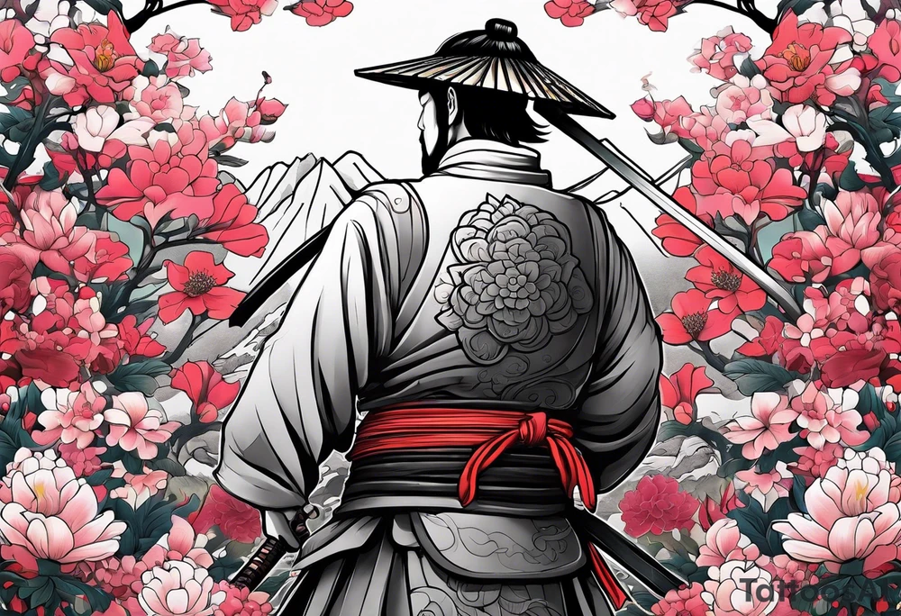 Samurai in flower field tattoo idea