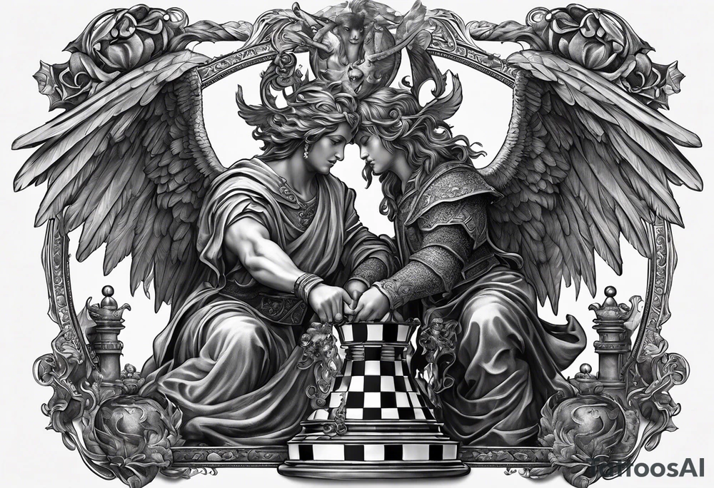 Depict an intricately balanced chessboard, where the angel and demon carefully consider their moves, symbolizing the delicate equilibrium between opposing forces. tattoo idea