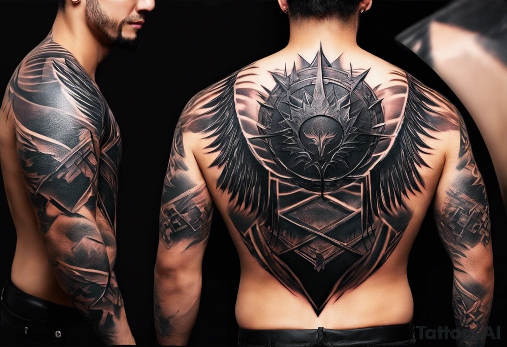 Certainly! Here’s a description for your back tattoo:

---

**Tattoo Description:**

Design: Black work, paint strokes.
Location: Back.
Concept: Dante's Inferno, representing the layers of hell.

**Design Details:**

1. **Vertical Lines:**
   - Two bold, vertical lines run parallel up the spine, symbolizing the journey through the depths of Dante's Inferno.

2. **Horizontal Lines:**
   - Nine horizontal lines intersect the vertical lines, each representing one of the nine circles of hell.
   - The lines descend down the back, each becoming progressively shorter and narrower to signify the decreasing levels of hell's circles.
   - The paint stroke style gives the lines a dynamic, brush-painted appearance, enhancing the dramatic and artistic effect.

3. **Overall Style:**
   - The black work technique ensures a striking contrast, with deep black ink emphasizing the severity and depth of the concept.

Sure, here's a simplified version:

---

**Tattoo Description:**

**Design:** Black work, paint strokes.
**Location:** Back.
**Concept:** Dante's Inferno, layers of hell.

**Details:**

1. **Vertical Lines:**
   - Two parallel lines up the spine.

2. **Horizontal Lines:**
   - Nine perpendicular lines, descending and decreasing in width.

**Style:**
   - Bold black work with paint stroke effects.

---

This version is straightforward and clear.

---

This description provides a clear and detailed vision for your tattoo artist to work from, capturing the essence and symbolism of Dante’s Inferno in a powerful and visually striking way. tattoo idea