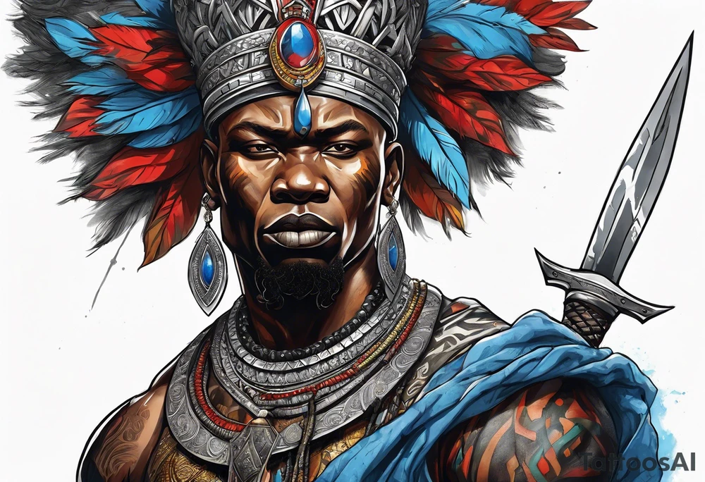 An african god, a bald warrior, that uses a sword and a silver crown. He also uses blue and red necklaces tattoo idea