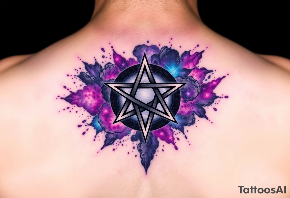 A darkened pentagram encased in swirling cosmic dust, with radiant purple, blue, and pink nebulae. tattoo idea