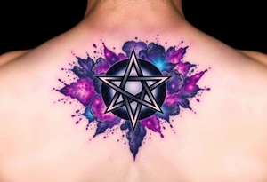 A darkened pentagram encased in swirling cosmic dust, with radiant purple, blue, and pink nebulae. tattoo idea