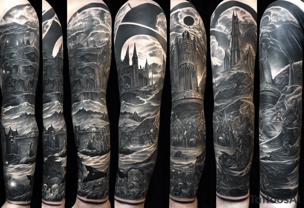 Full arm sleeve tattoo extending from shoulder to wrist featuring characters from Star Wars and DC comics battling at Helms Deep from Lord of the Rings tattoo idea