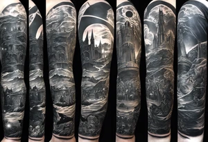 Full arm sleeve tattoo extending from shoulder to wrist featuring characters from Star Wars and DC comics battling at Helms Deep from Lord of the Rings tattoo idea
