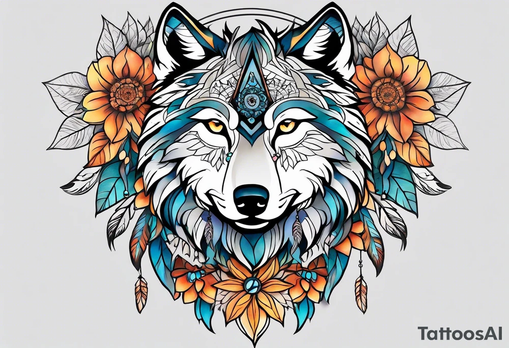 A whimsical wolf tattoo featuring mandala or dream catcher elements, with the wolf as the central focus. Show the wolves whole body standing surrounded by mountains in the background. Include flowers and nature elements to fill the space around the wolf. Some color but not completely solid bold color tattoo idea
