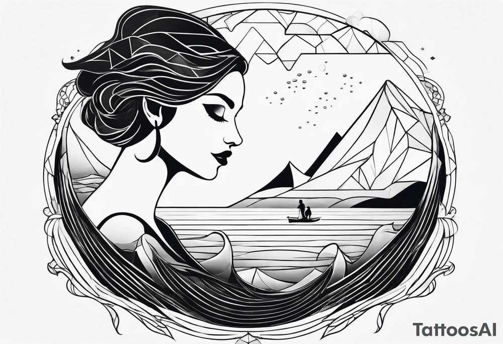 geometric silhouette lady iceberg with a man swimming tattoo idea