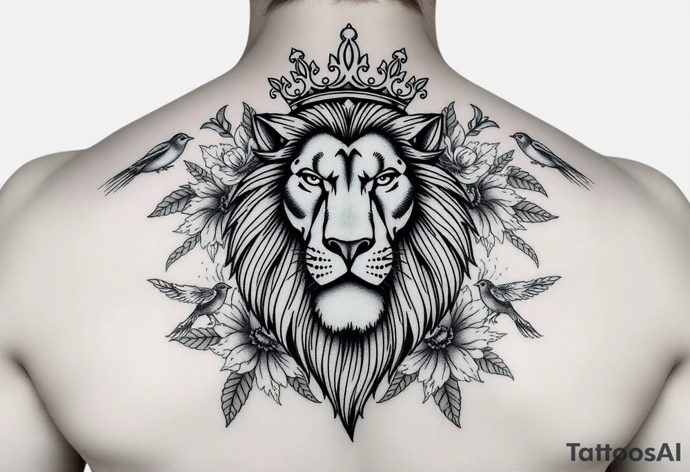 powerful majestic lion with a crown, surrounded by floral ornaments and birds tattoo idea