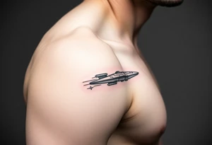 Shoulder tattoo of a spaceship and a star. tattoo idea