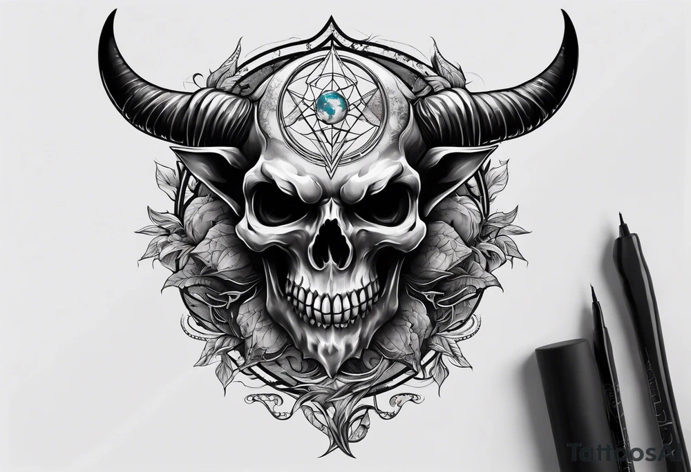 Devil skull  with hollow eyes and  horns holding the earth tattoo idea