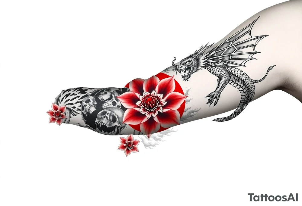 Dragon flying up on right side, tiger with skulls crawling down on left, centered kanji tattoo (red), big red spider lilies in background, smoke/cloud effects. Outer forearm sleeve tattoo idea