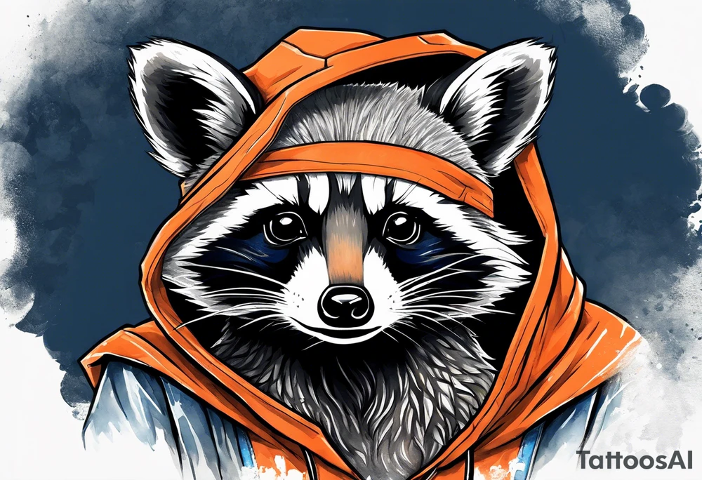 Raccoon wearing an orange Superman hoodie tattoo idea