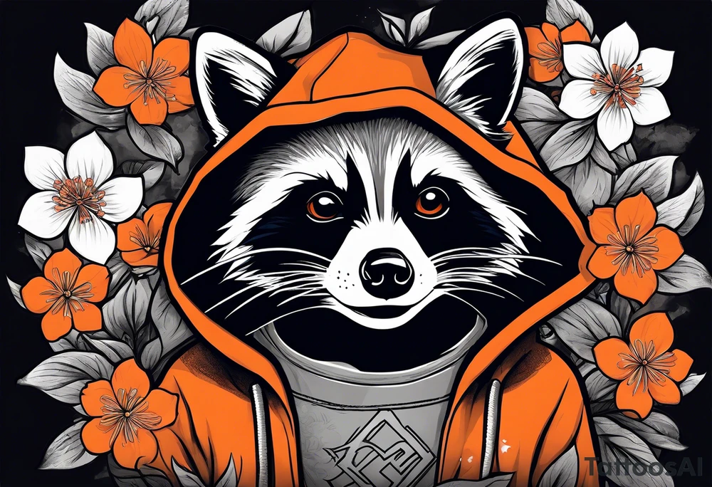 Raccoon wearing a white Superman logo on a black hoodie and orange Japanese cherry blossoms beside tattoo idea