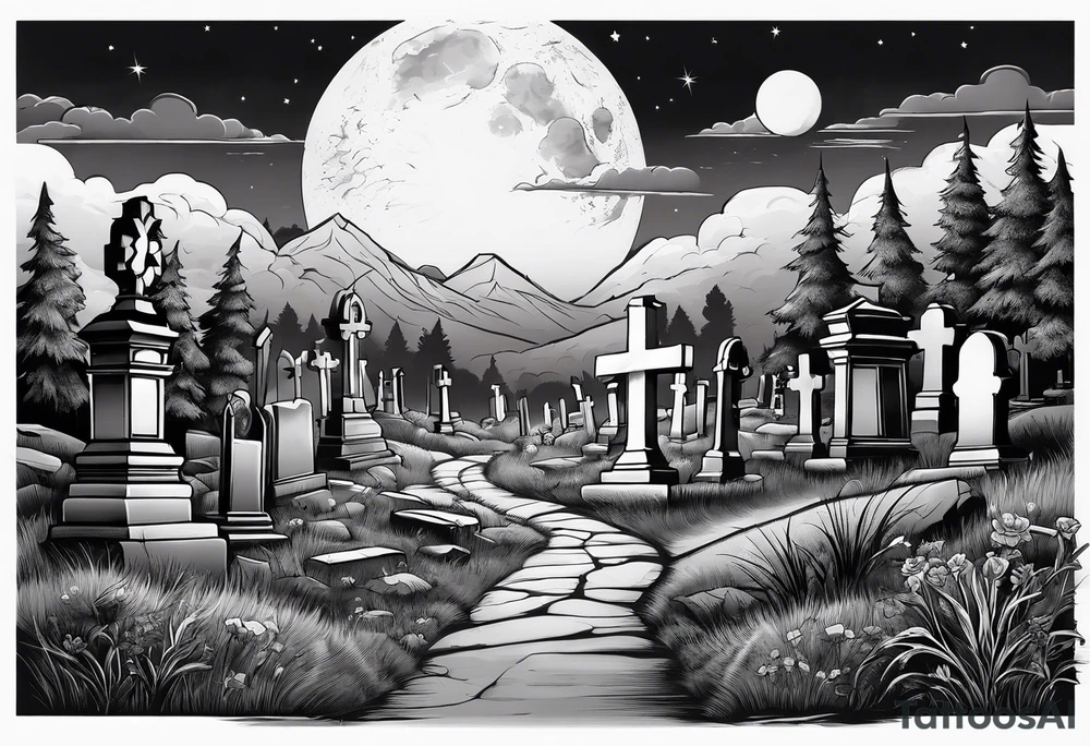 Cemetery on hills with smoke and moon tattoo idea