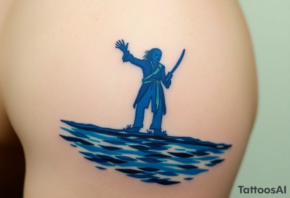 Jack Sparrow’s ghostly reflection in the ocean, done in eerie blue tones, symbolizing his dance with death and destiny tattoo idea