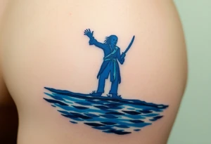 Jack Sparrow’s ghostly reflection in the ocean, done in eerie blue tones, symbolizing his dance with death and destiny tattoo idea