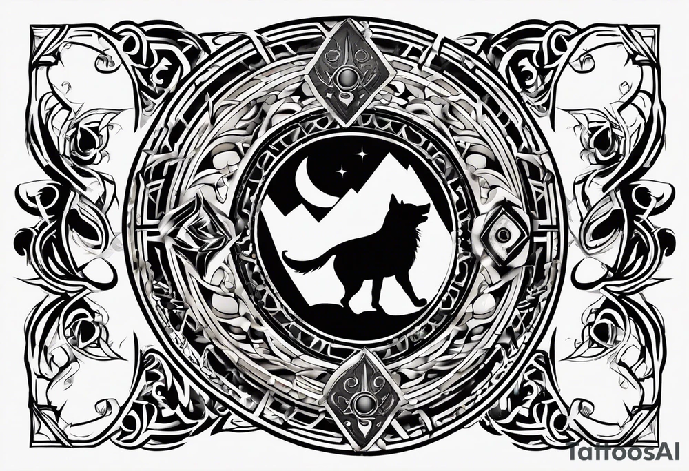 cyber sigil and neo tribal style tattoo. centered around 2 stones, onyx and topaz. onyx being my dog, and topaz my cat. don’t use any clear symbols to a pet and rather make them all subtle tattoo idea