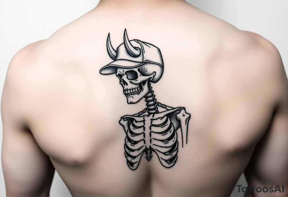 Skeleton with a fun ball cap doing devil s horn tattoo idea