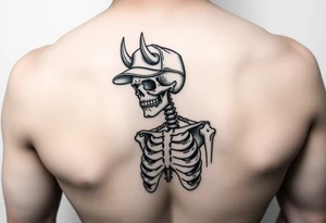 Skeleton with a fun ball cap doing devil s horn tattoo idea