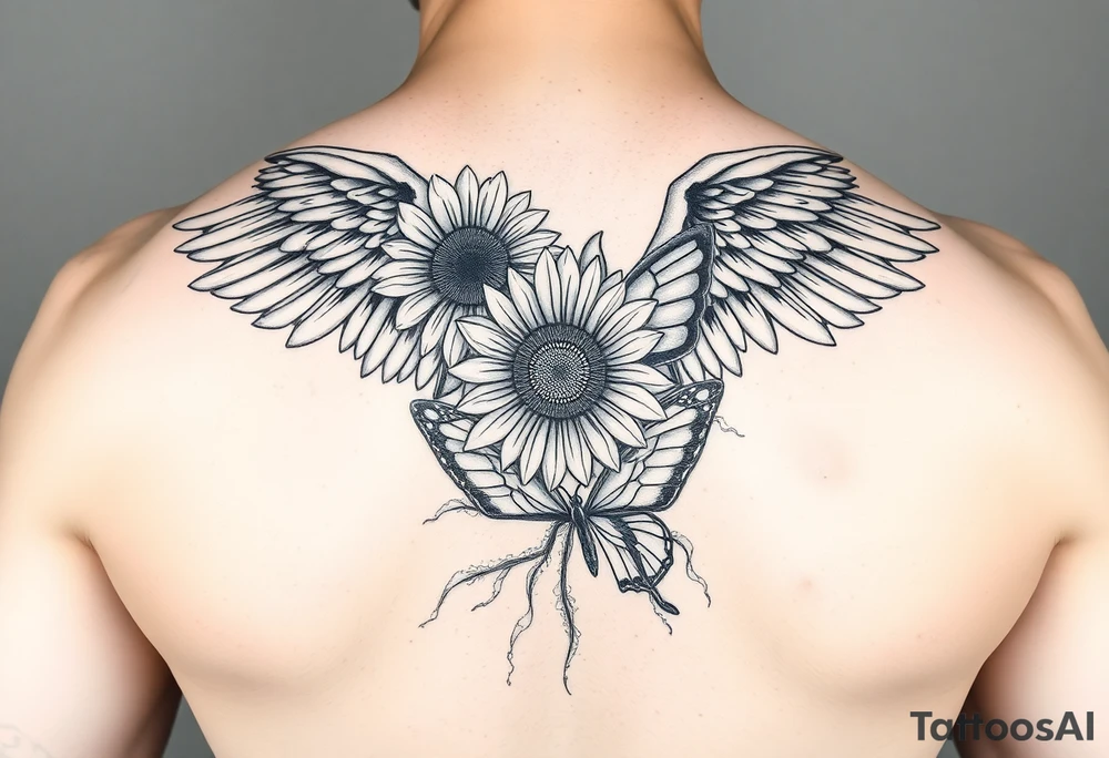 Sleeve with angel wings, sunflower and butterfly tattoo idea tattoo idea