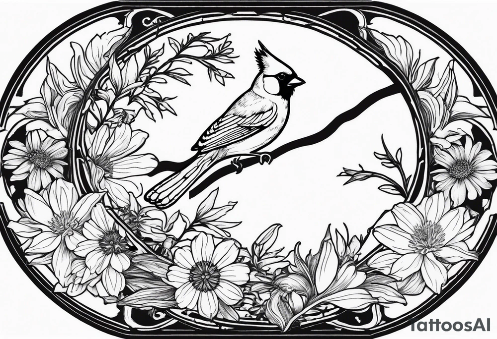 Oval shape with sea rocket and aster flowers with a small cardinal room in the center for a signature less ornate make the cardinal smaller and leave the center empty tattoo idea