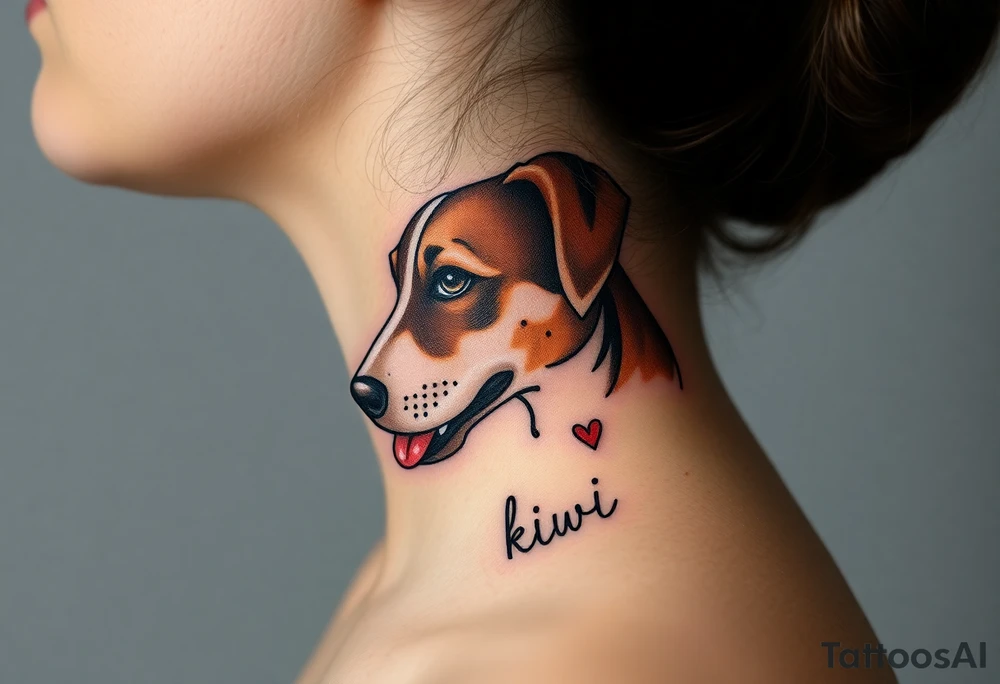 One line tattoo of female dog with white strip going up dog’s snout slightly off centered. Brown brindled and the dogs tongue slightly out with  the name kiwi and Just the colors black  white brown with a small heart near by tattoo idea