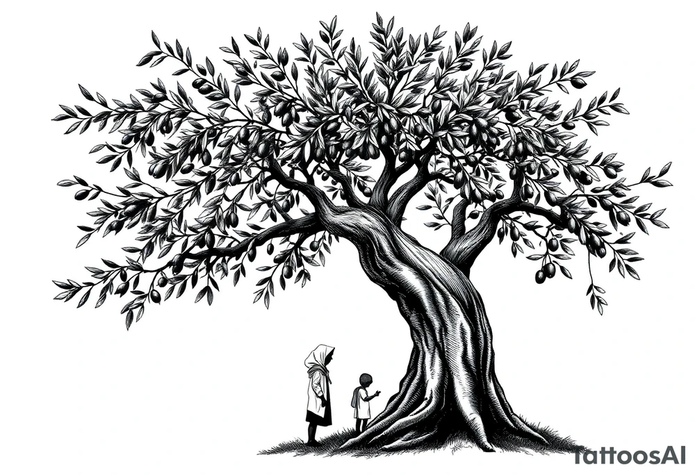 A highly detailed tattoo design featuring a majestic olive tree with sprawling branches and textured bark. Underneath the tree, a small family is depicted: a father, a mother wearing a hijab, and their young son, all interacting with the tree as if harvesting olives. The figures are fully blacked-out silhouettes, emphasizing simplicity and elegance, while the olive tree is intricately detailed with realistic leaves and a textured trunk. The composition conveys a sense of connection, unity, and tradition, with a soft gradient background to highlight the figures and tree tattoo idea
