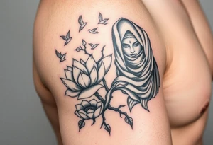 Lotus flower and tree of life that breaks into flying birds and in background with an arab woman with scarf covering her face tattoo idea