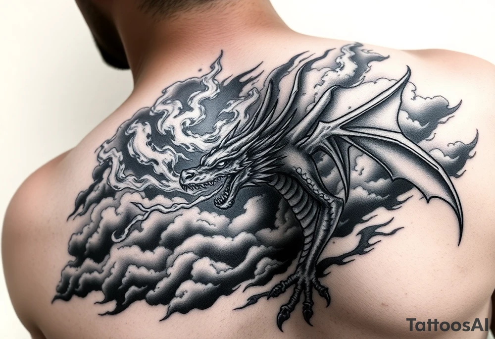 fierce dragon breathing iridescent fire against stormy skies tattoo idea