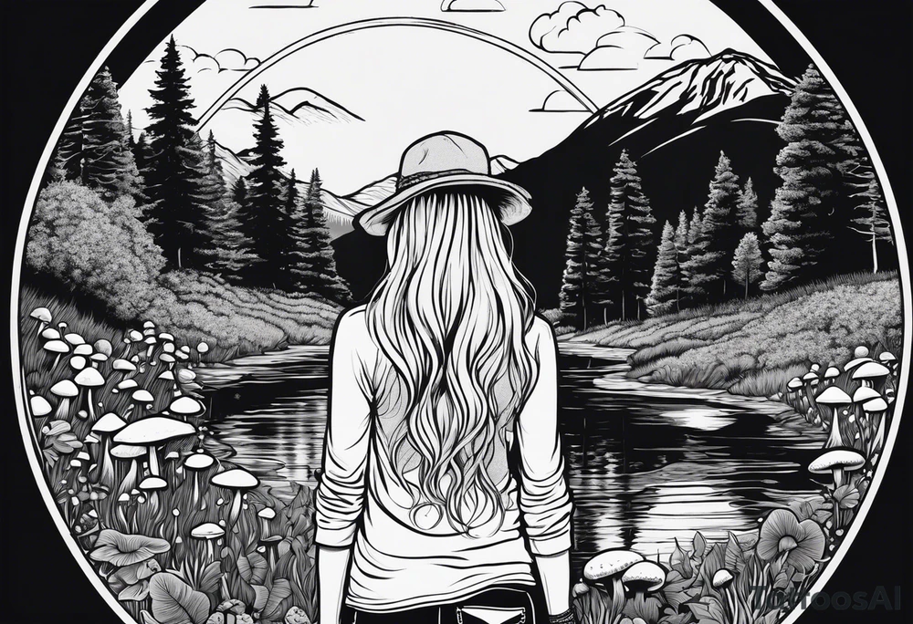 Whole picture encircled fully

Straight long blonde hair hippie girl in distance holding mushrooms in hand facing away toward mountains and creek surrounded by mushrooms long sleeve shirt and hiking pants; whole rendering within a full circle, no cut off circle tattoo idea