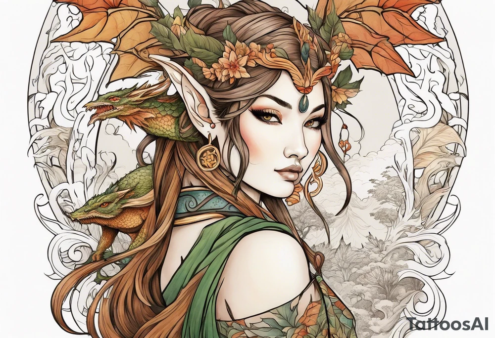 Woodland elf earthy tones. Dragon in background tattoo idea