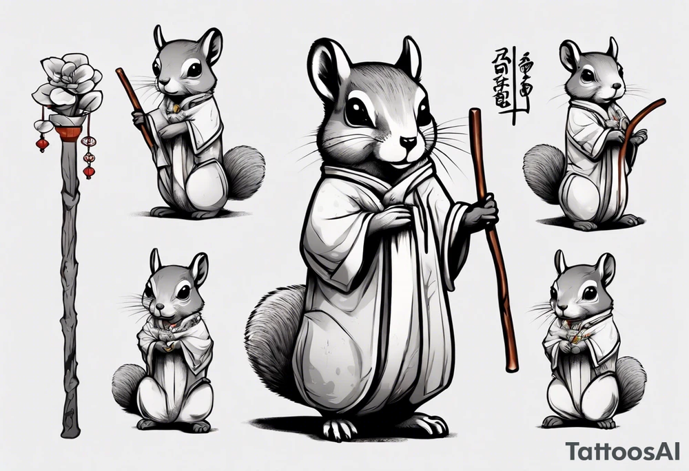 a sad grey squirrel dressed in a tunic holding a large white stick tattoo idea