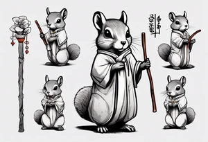 a sad grey squirrel dressed in a tunic holding a large white stick tattoo idea