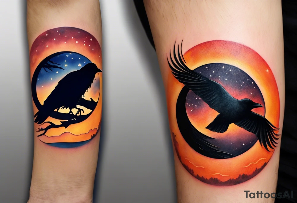 Ying-yang tattoo on your forearm, where one side captures the beauty of the night sky with a full moon, and the other side showcases the warm hues of a sunset. The moon side features a stunning depiction of a crow in flight, adding a touch of magic and wonder to the design. On the sunset side, the silhouettes of a man, woman, and two teenage boys walking create a sense of togetherness and family. Around the circle the words "When Life is hard, you have to change" are written in child's writing tattoo idea