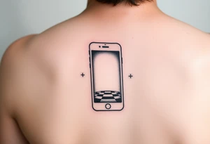 "Recursive iPhone tattoo: screen shows another screen with [•] at the end. Black ink, optical illusion style, 6cm width." tattoo idea