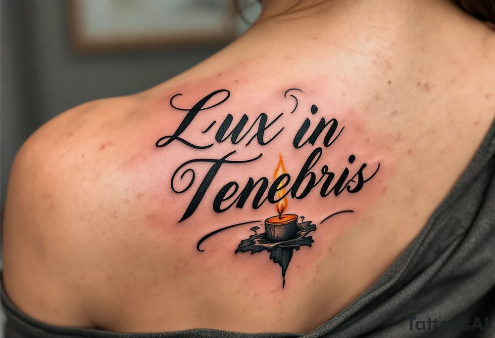 "Lux in Tenebris" (Light in darkness), floating above a burning candle, with cursive serif text and warm golden yellow and soft charcoal contrast. tattoo idea