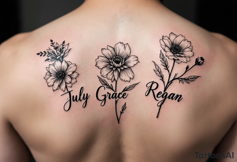 March, July and January birth month flowers with the names Riley, Grace and Regan tattoo idea