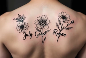 March, July and January birth month flowers with the names Riley, Grace and Regan tattoo idea