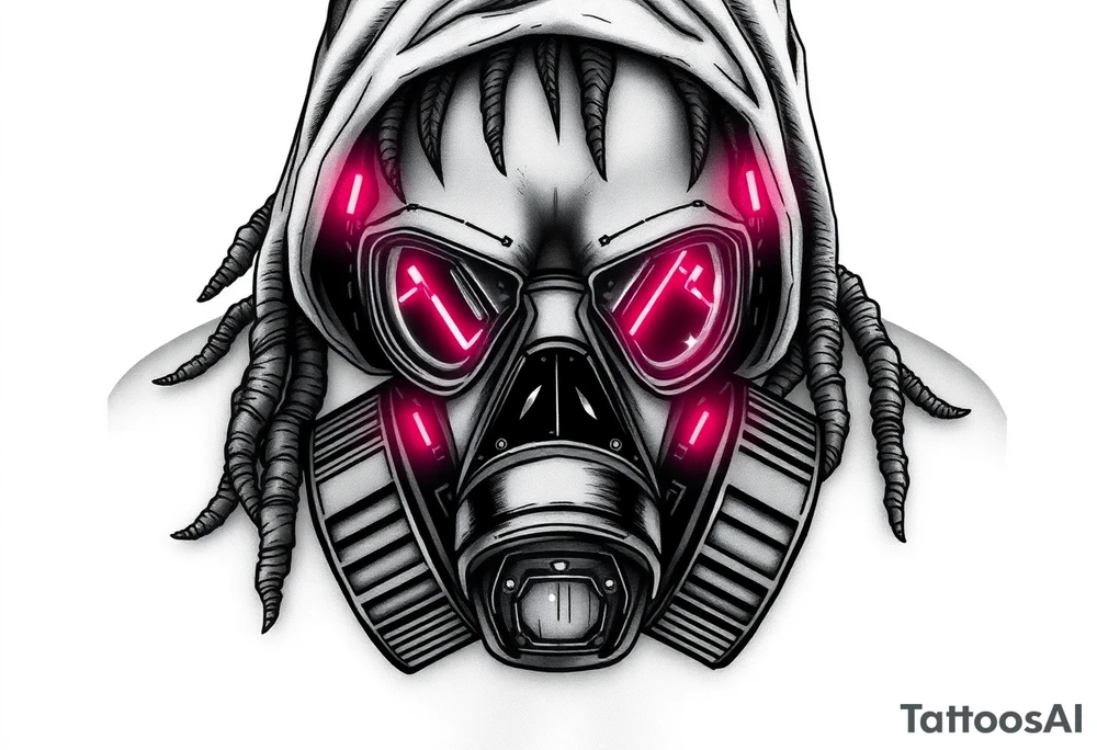 Tech-Nomad Mask
A stylized, worn-out respirator or gas mask, modified with neon lights and HUD displays.
Dreadlocks or a tattered hood for a post-apocalyptic feel.
A mix of traditional shading with futuristic digital glows. tattoo idea
