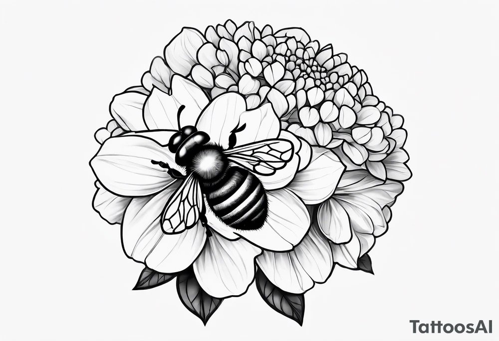 3 in by 2 in minimalist no color tattoo for forearm of a Hydrangea and a very small bee. tattoo idea