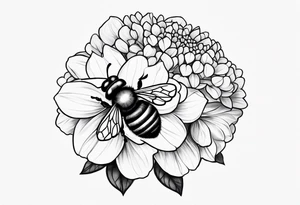 3 in by 2 in minimalist no color tattoo for forearm of a Hydrangea and a very small bee. tattoo idea