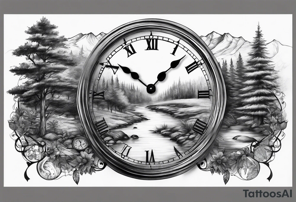 Sleeve design, forest, river, clock tattoo idea