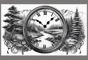 Sleeve design, forest, river, clock tattoo idea