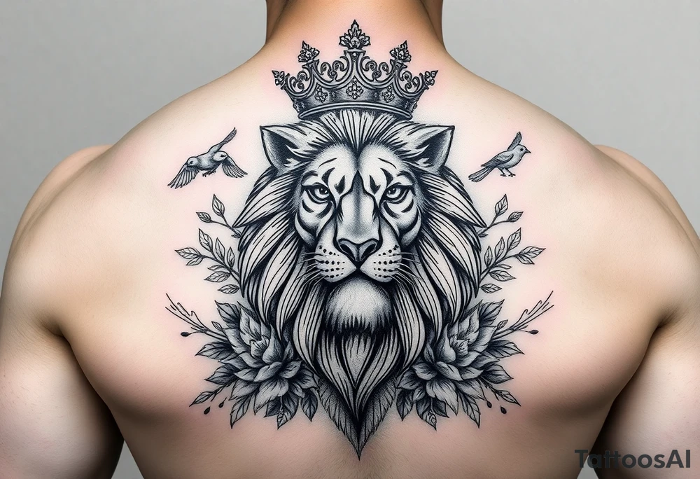 powerful majestic lion with a crown, surrounded by floral ornaments and birds tattoo idea