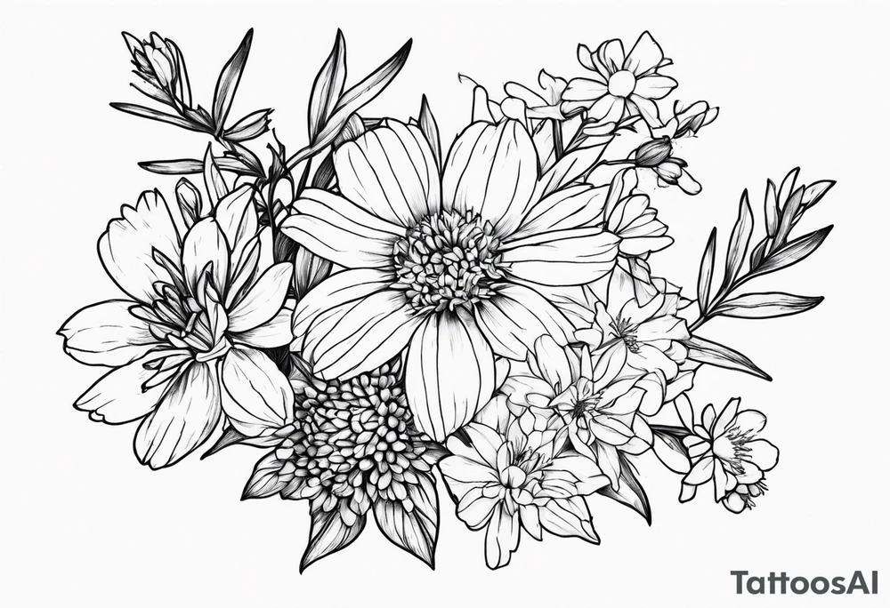 Aster and larkspur bouquet tattoo idea