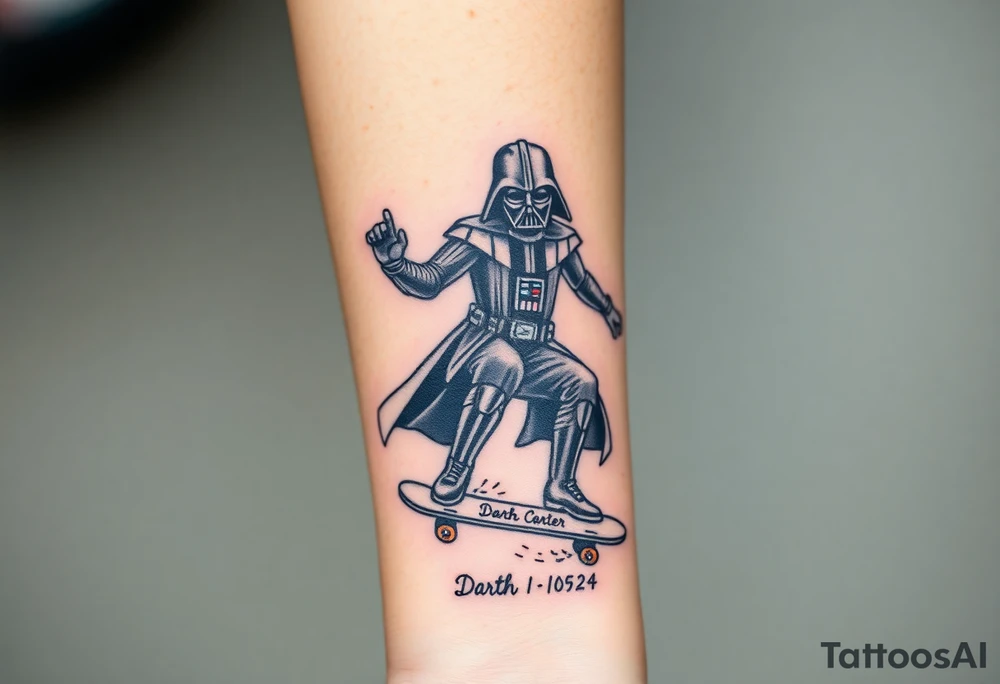 Darth Vader skateboarding with gun> bullets > memorial > god > colors > futuristic/space/star wars
add name "Darth Carter" on skateboard
add date 12/29/88-01/06/24 tattoo idea